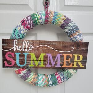 Hello Summer Upcycled Fabric Twine Wreath with Wooden Sign